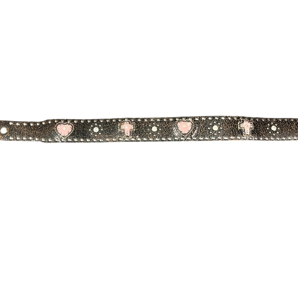 Nocona Belt Co Girls Brown Leather Studded Pink Heart Cross Belt Strap Size 20